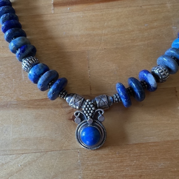 VINTAGE Sterling Silver 925 LAPIS LAZULI GREEK DESIGN NECKLACE - Picture 2 of 9